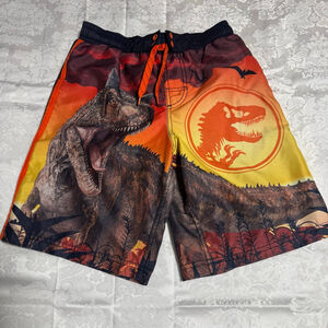 Boys Jurassic World Shorts L 10/12 Orange Black Dinosaur Swim Trunks